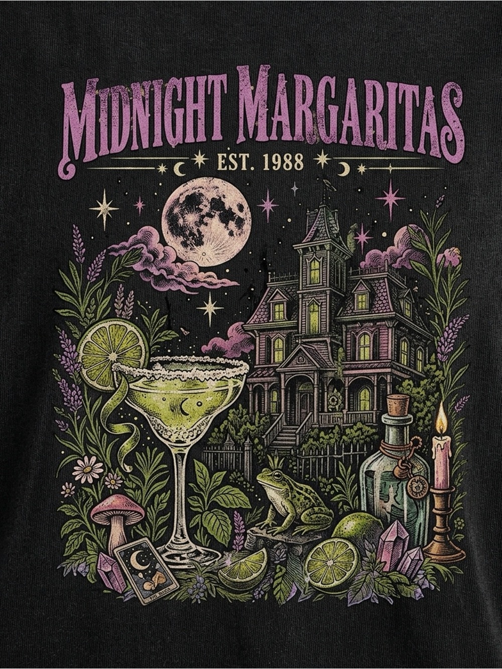 Comfort Colors Black Tee with Pink, Green and Purple Midnight Margaritas Graphic